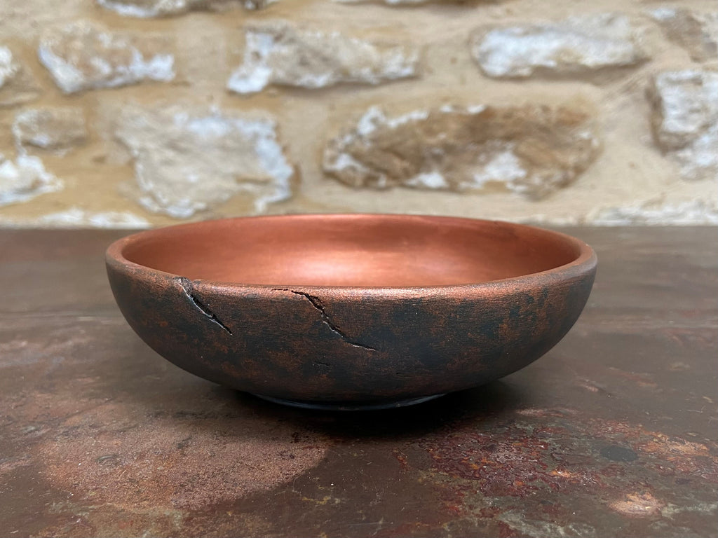 Small Dark Green & Copper Wooden Bowl