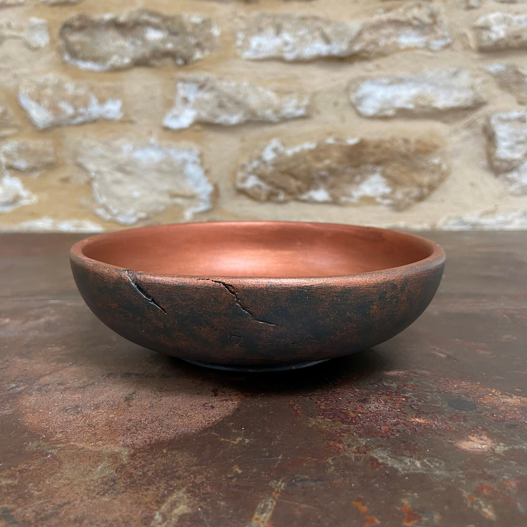 Small Dark Green & Copper Wooden Bowl