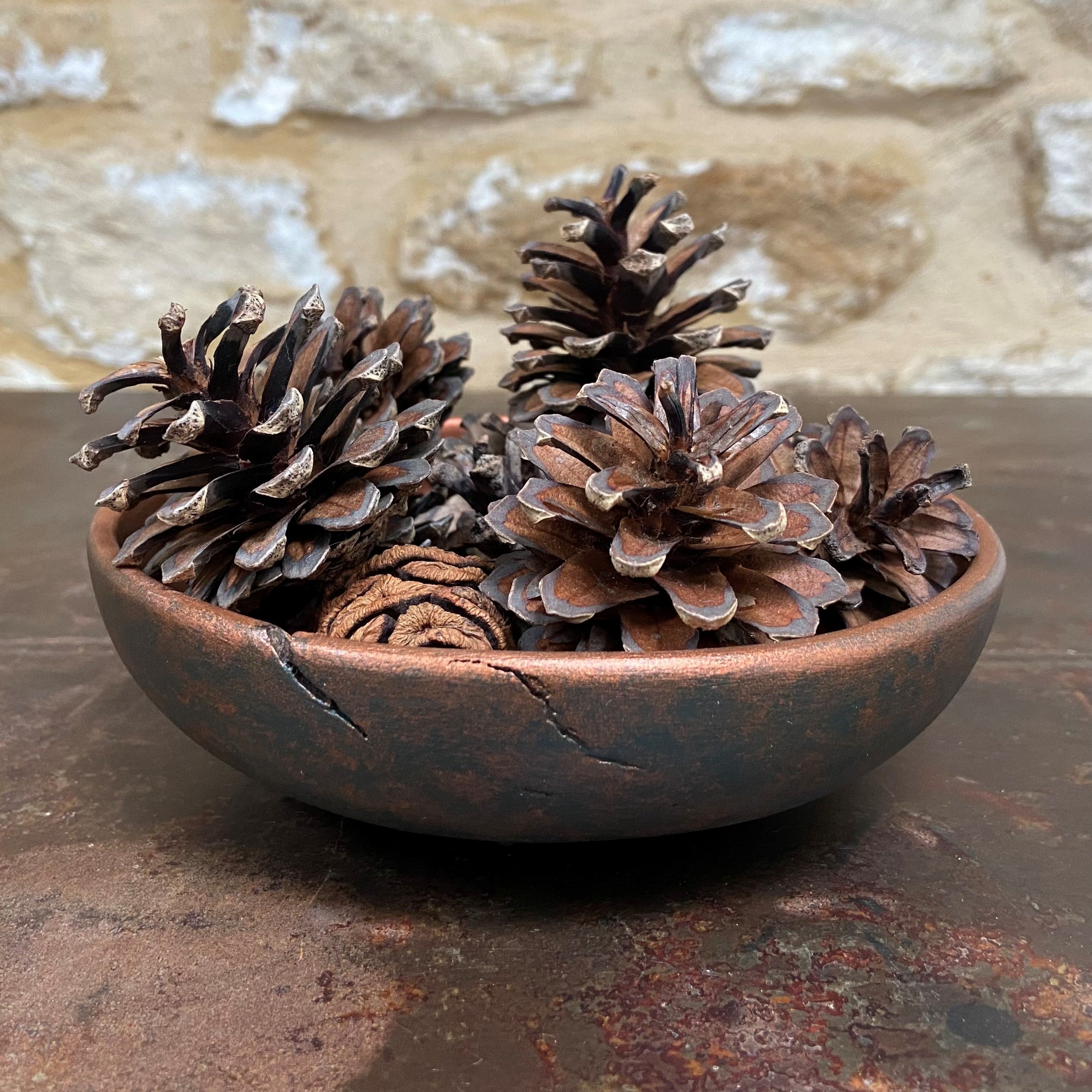 Small Dark Green & Copper Wooden Bowl
