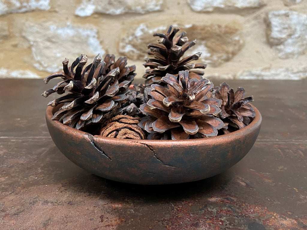 Small Dark Green & Copper Wooden Bowl