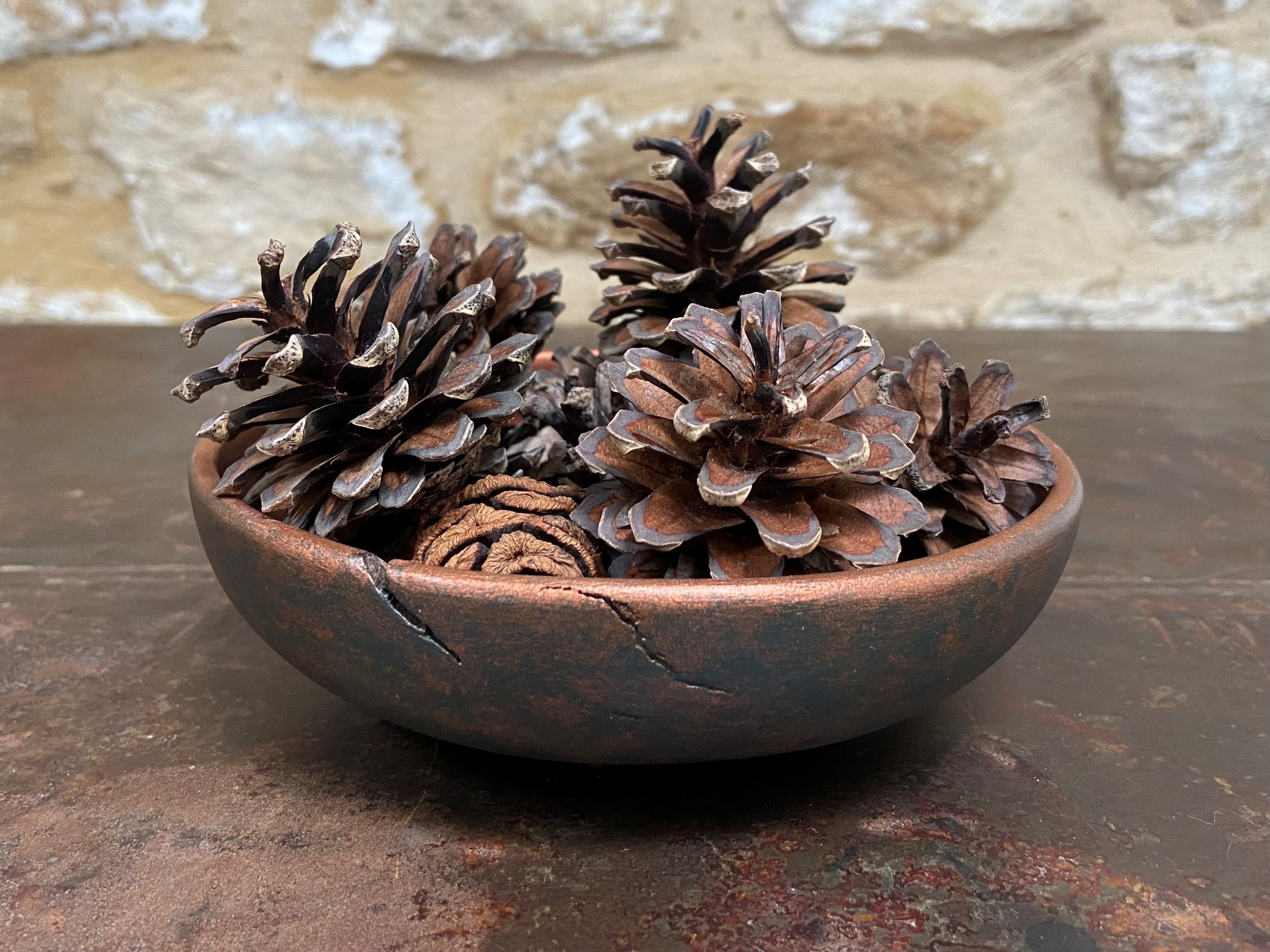 Small Dark Green & Copper Wooden Bowl