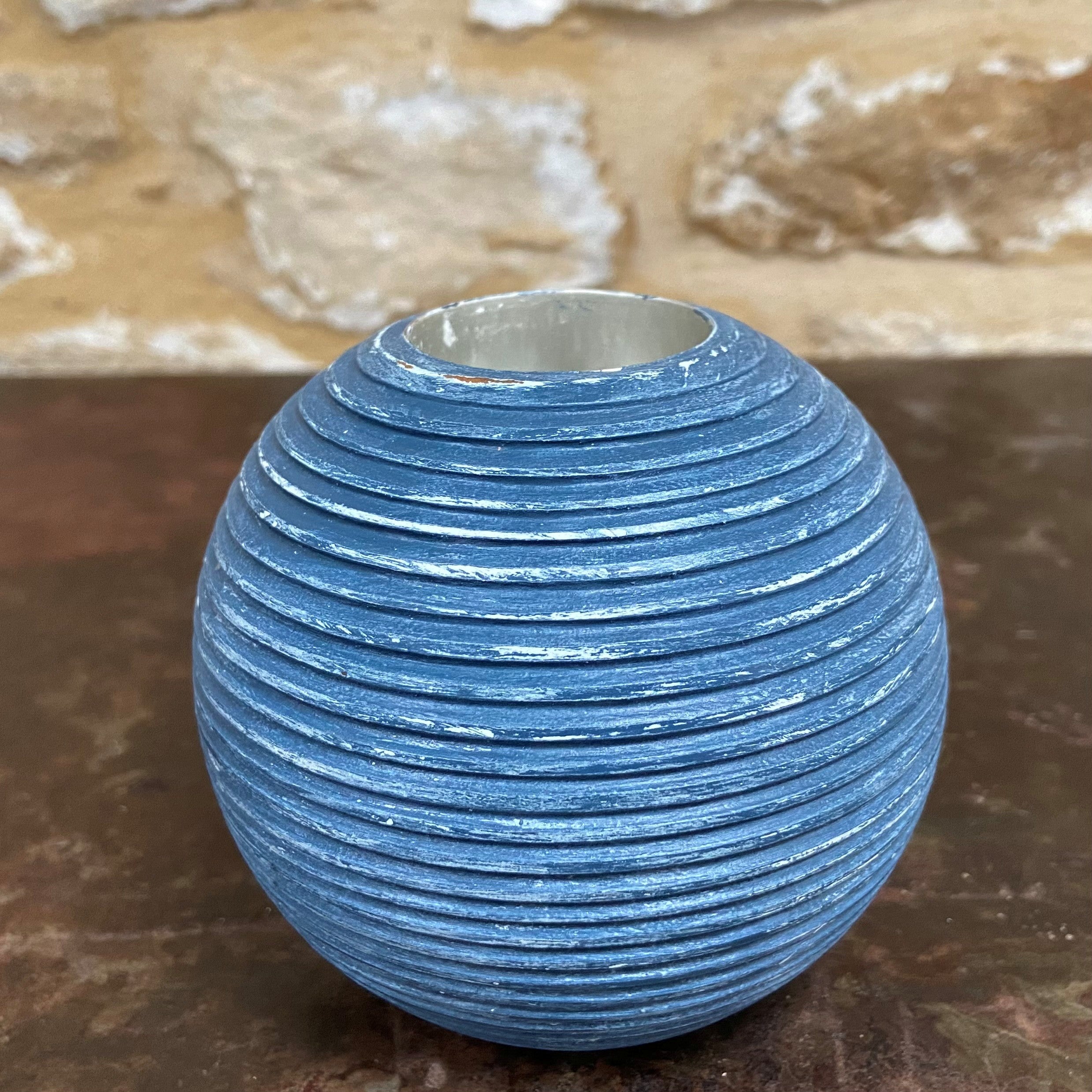 Ribbed Navy Round Tealight Holder