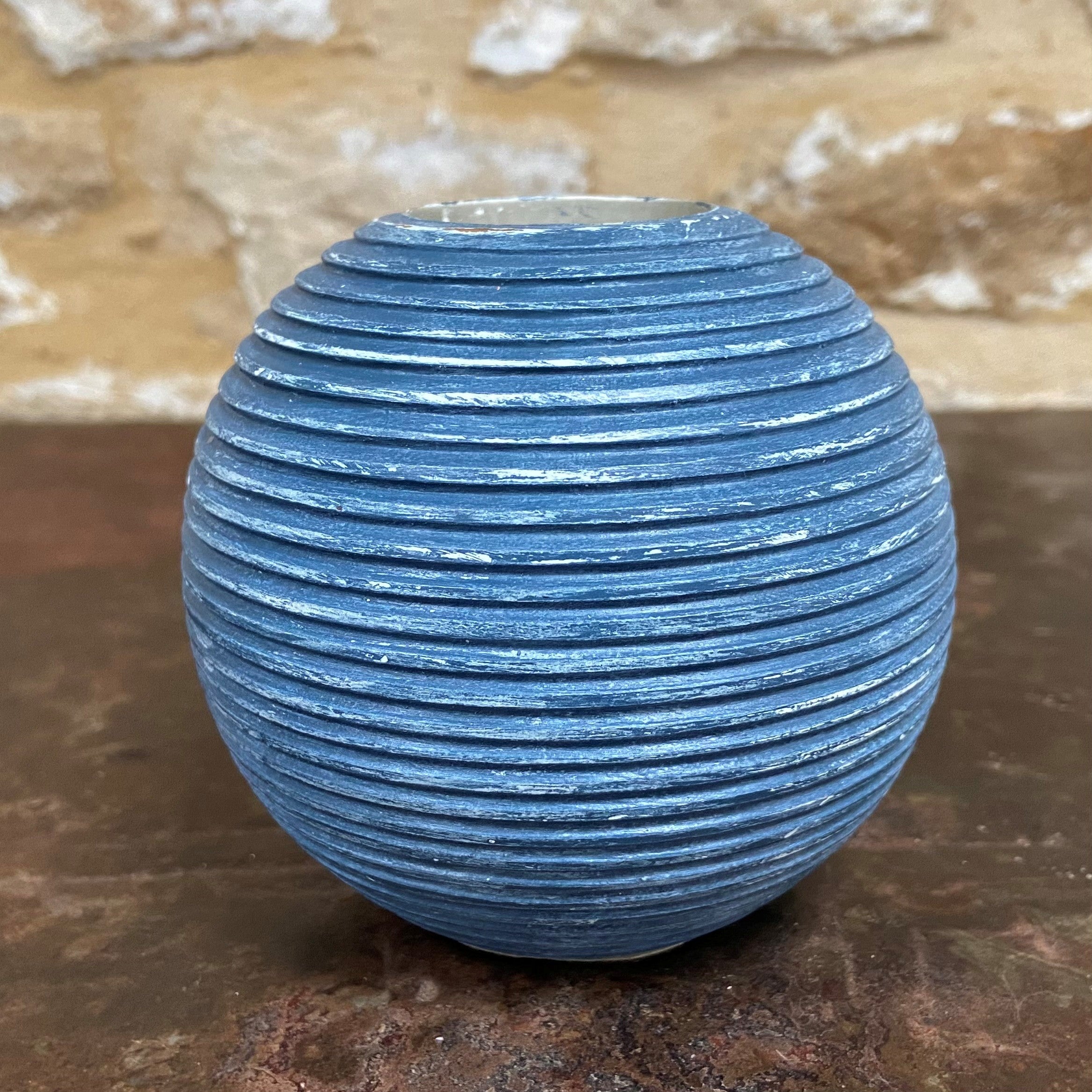 Ribbed Navy Round Tealight Holder