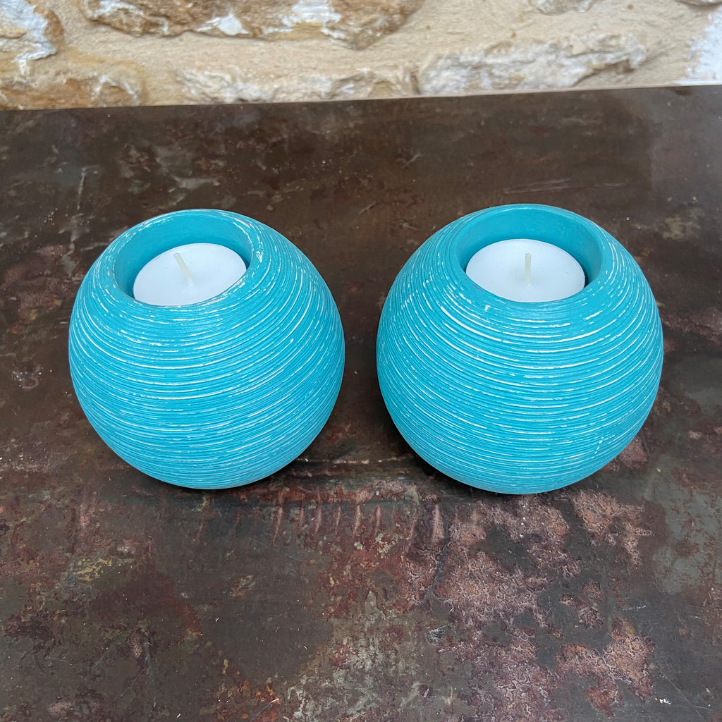 Upcycled Ribbed Ceramic Tealight Holders — Coastal Blue (Pair)