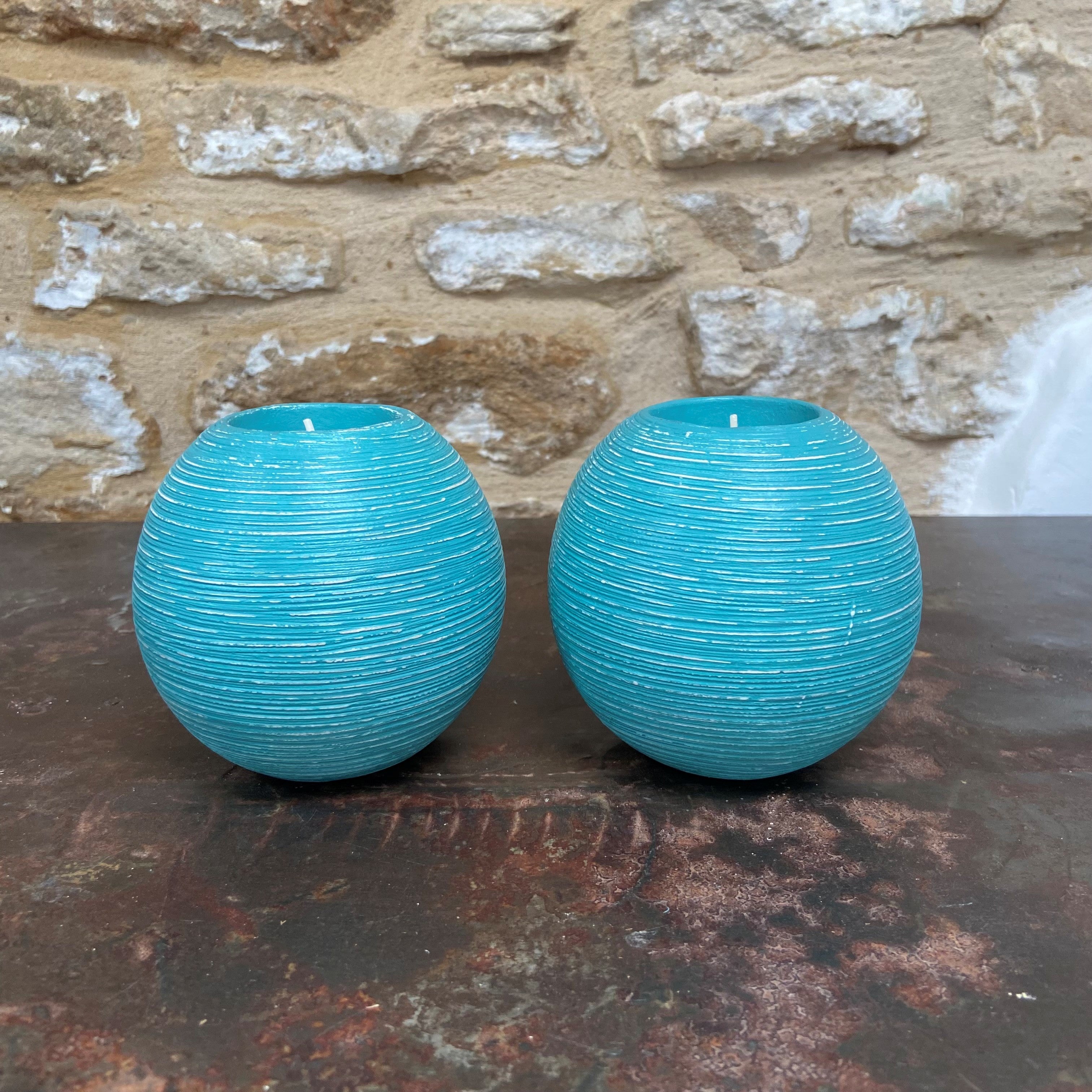 Upcycled Ribbed Ceramic Tealight Holders — Coastal Blue (Pair)