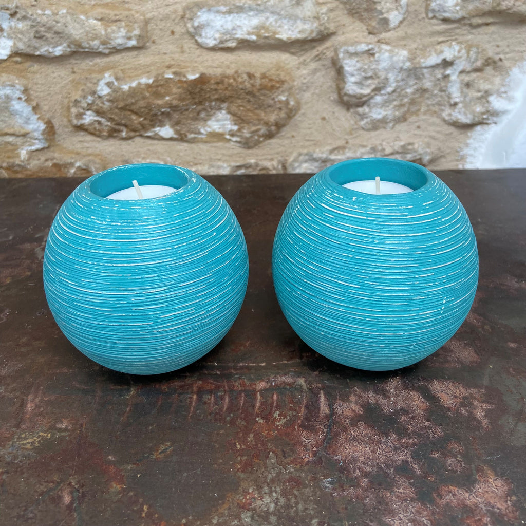 Upcycled Ribbed Ceramic Tealight Holders — Coastal Blue (Pair)