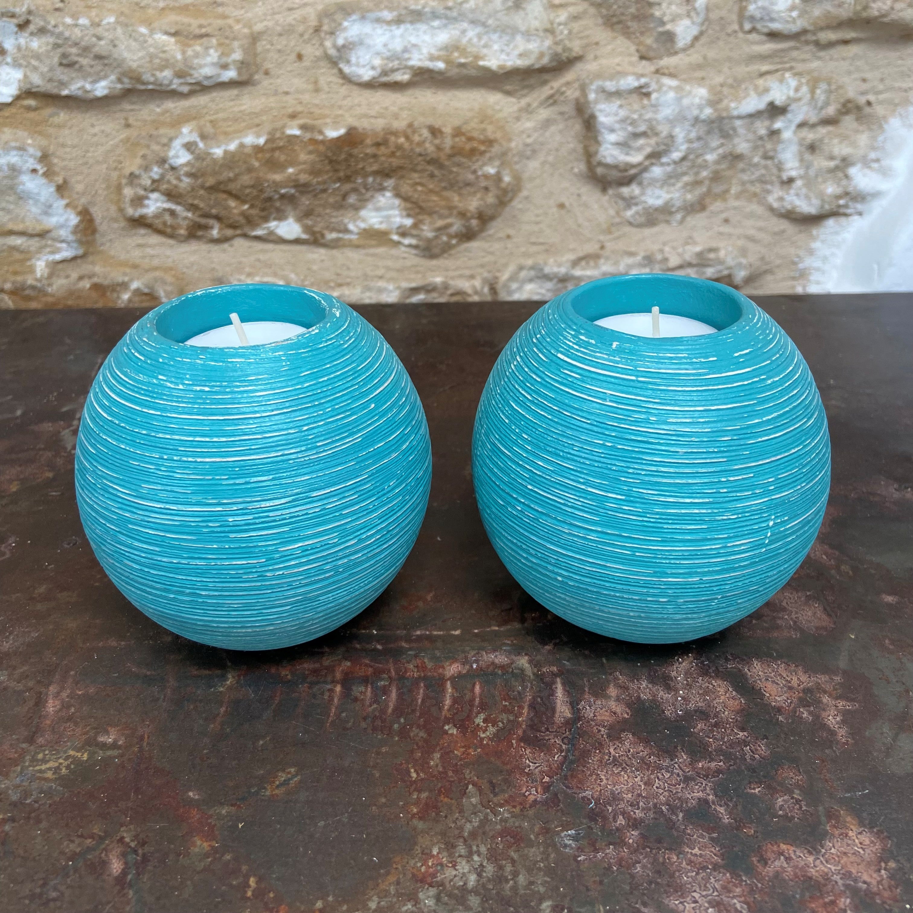 Upcycled Ribbed Ceramic Tealight Holders — Coastal Blue (Pair)