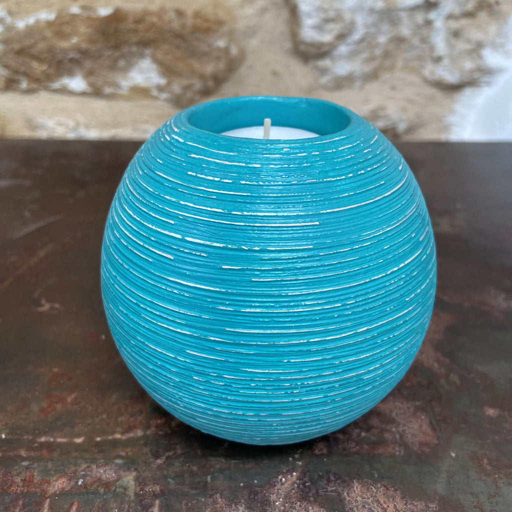 Upcycled Ribbed Ceramic Tealight Holders — Coastal Blue (Pair)