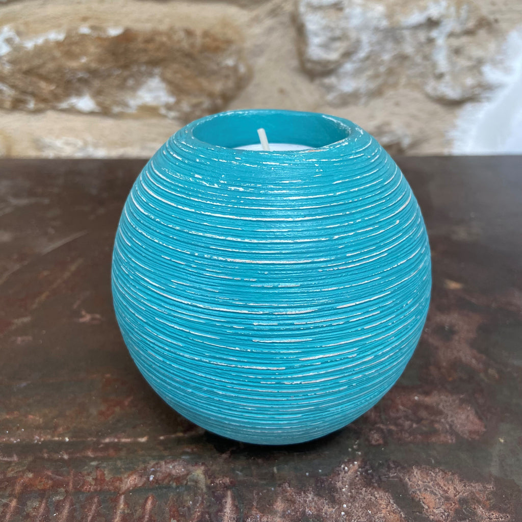 Upcycled Ribbed Ceramic Tealight Holders — Coastal Blue (Pair)