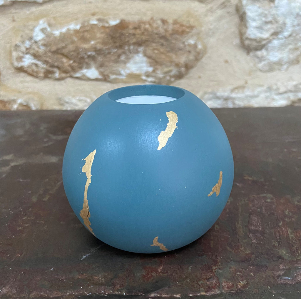 Dark Turquoise Blue & Gold Leaf Round Tealight Holder