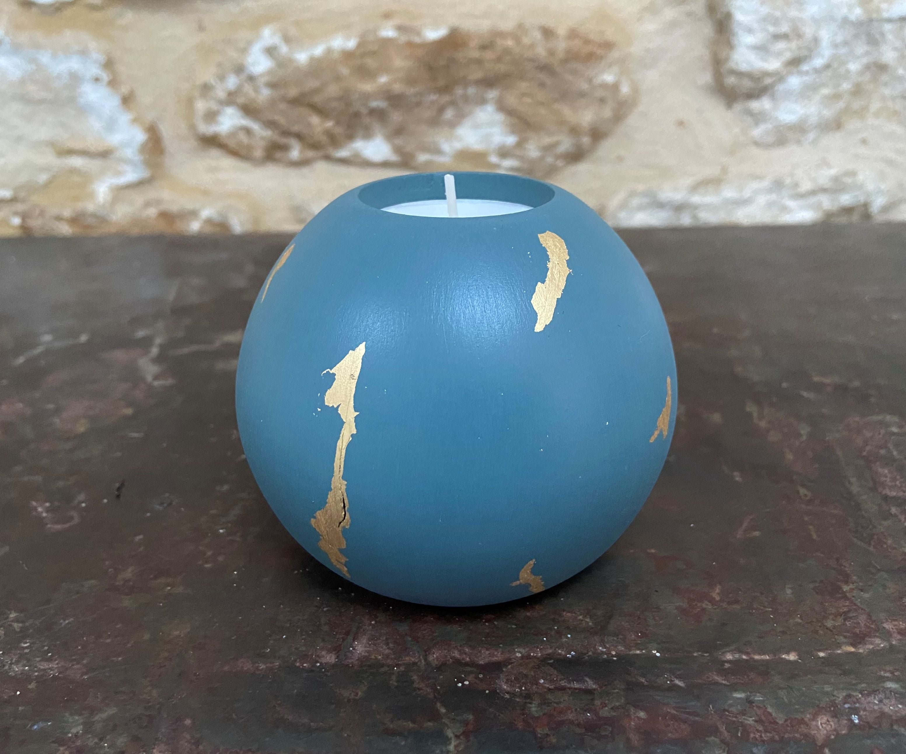 Dark Turquoise Blue & Gold Leaf Round Tealight Holder