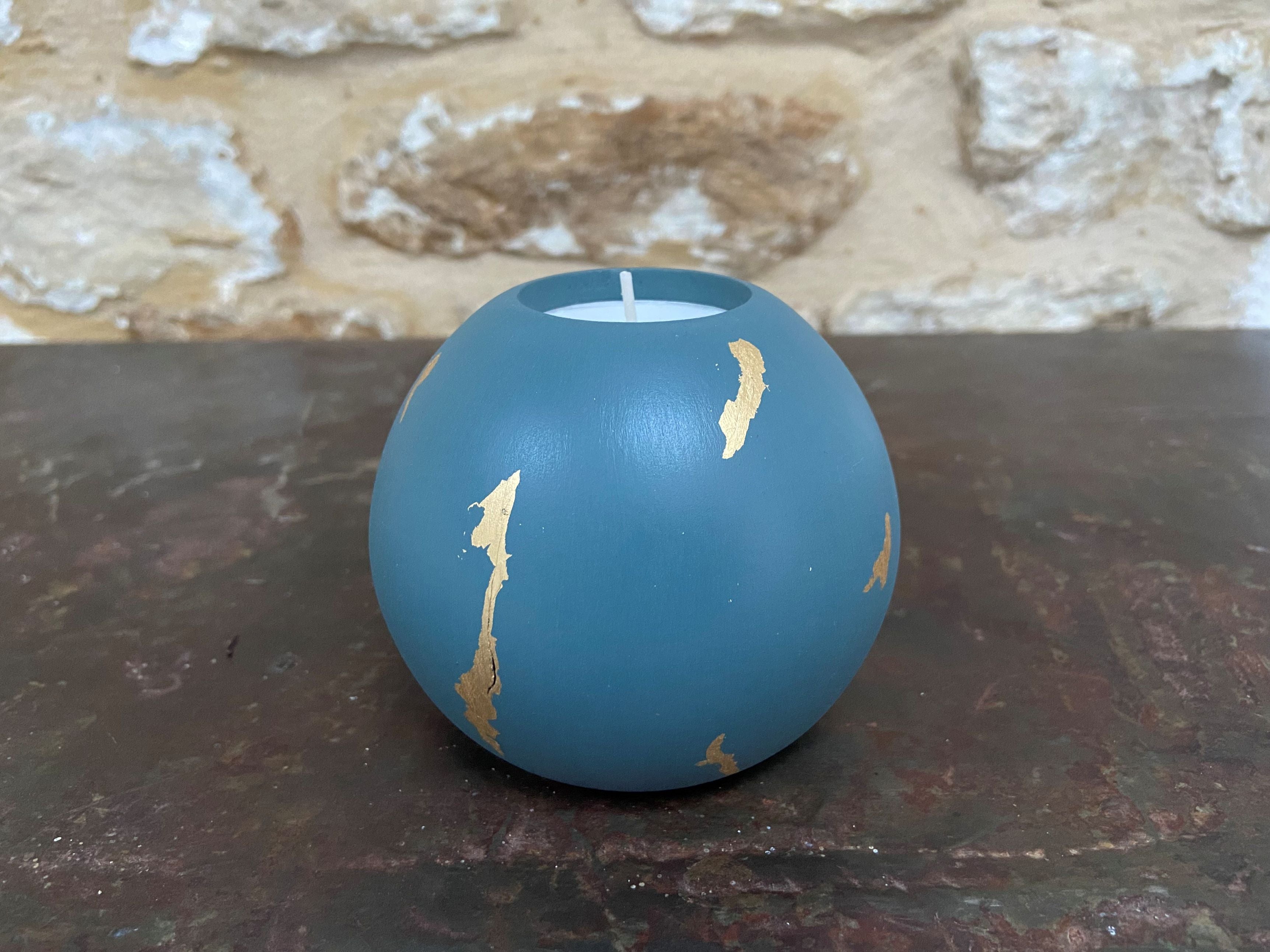 Dark Turquoise Blue & Gold Leaf Round Tealight Holder