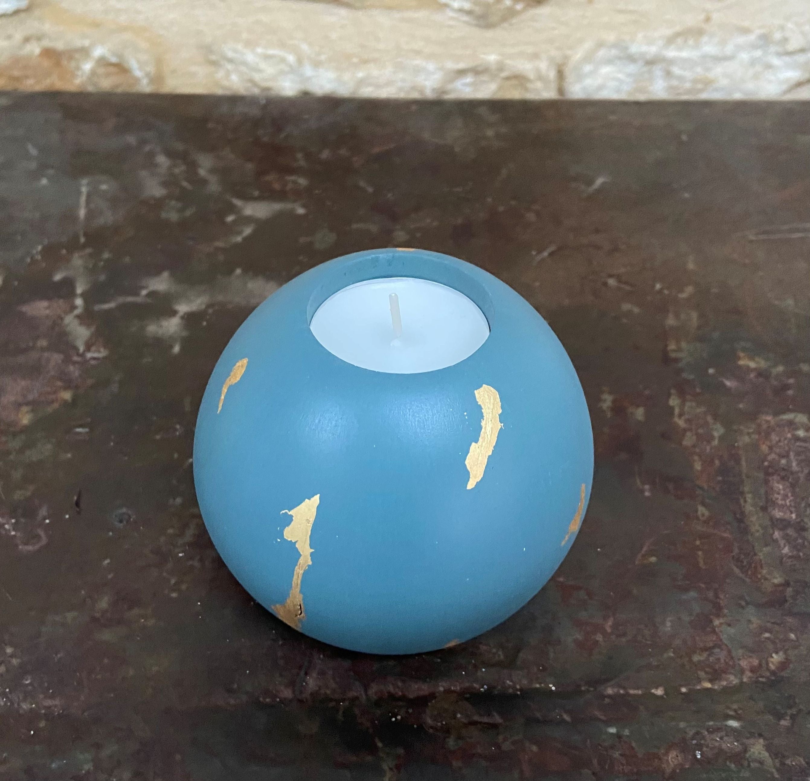 Dark Turquoise Blue & Gold Leaf Round Tealight Holder