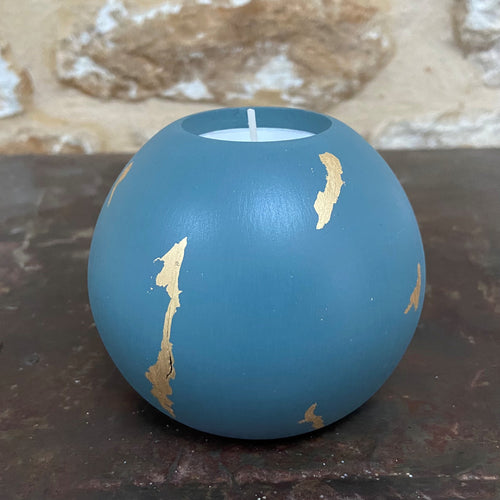 Dark Turquoise Blue & Gold Leaf Round Tealight Holder