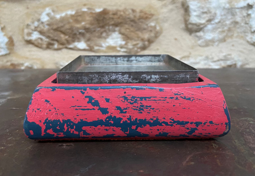 Red & Navy Distressed Square Candle Holder