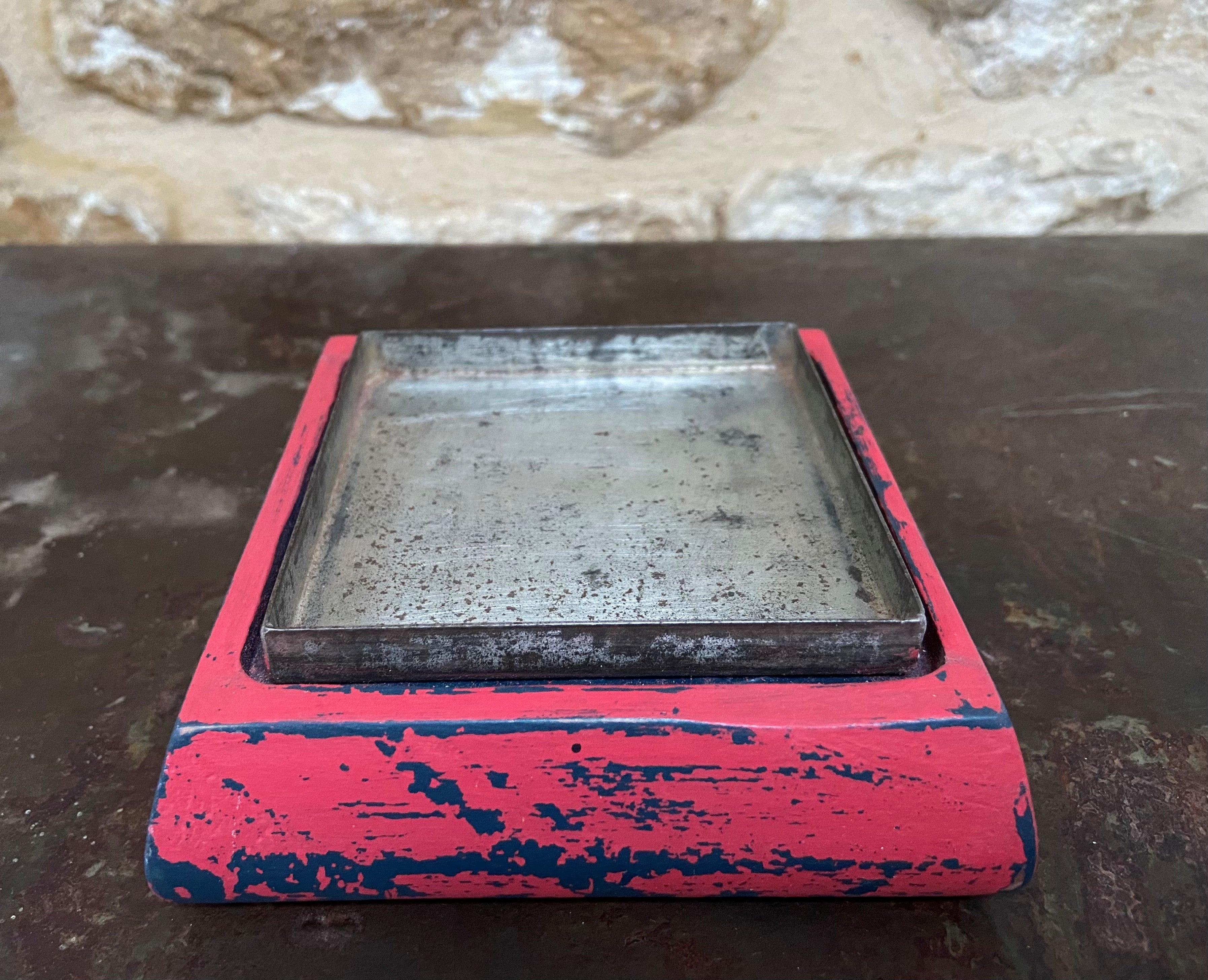 Red & Navy Distressed Square Candle Holder