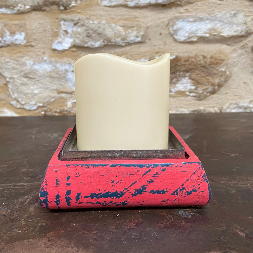 Red & Navy Distressed Square Candle Holder