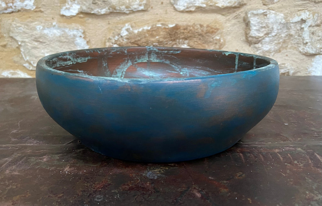 Teal & Patinated Copper Wooden Bowl