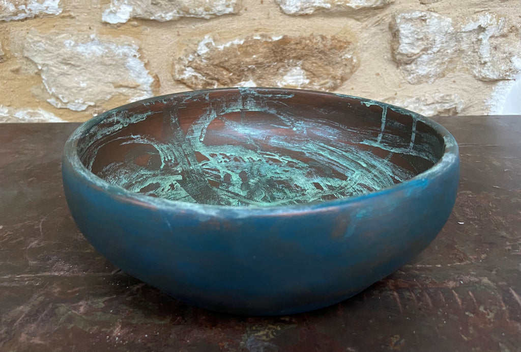 Teal & Patinated Copper Wooden Bowl