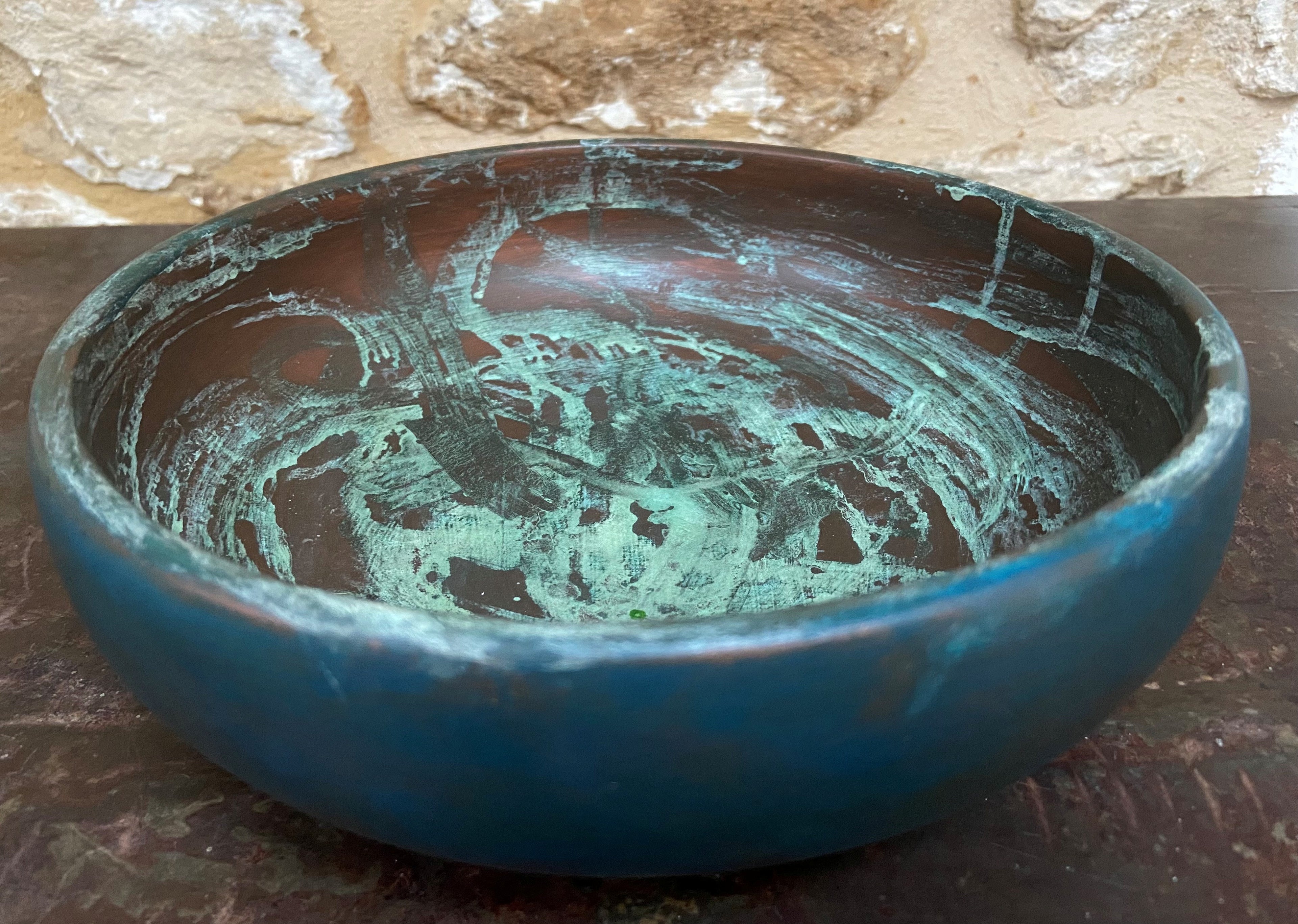 Teal & Patinated Copper Wooden Bowl