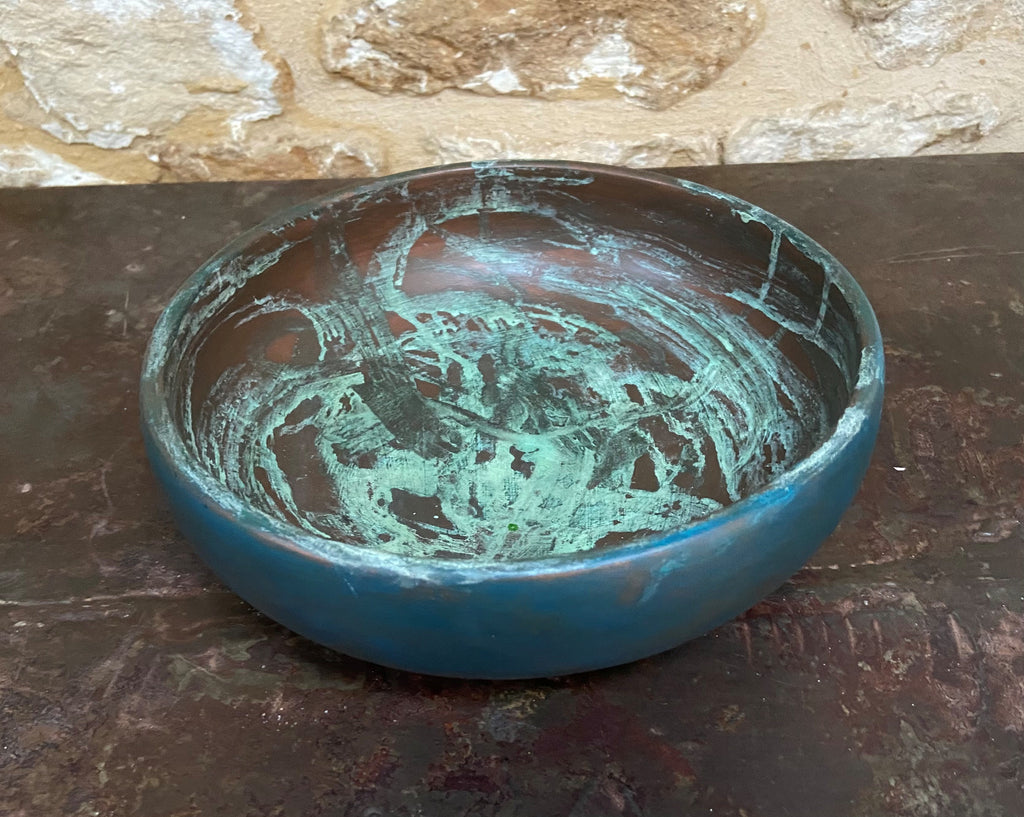 Teal & Patinated Copper Wooden Bowl
