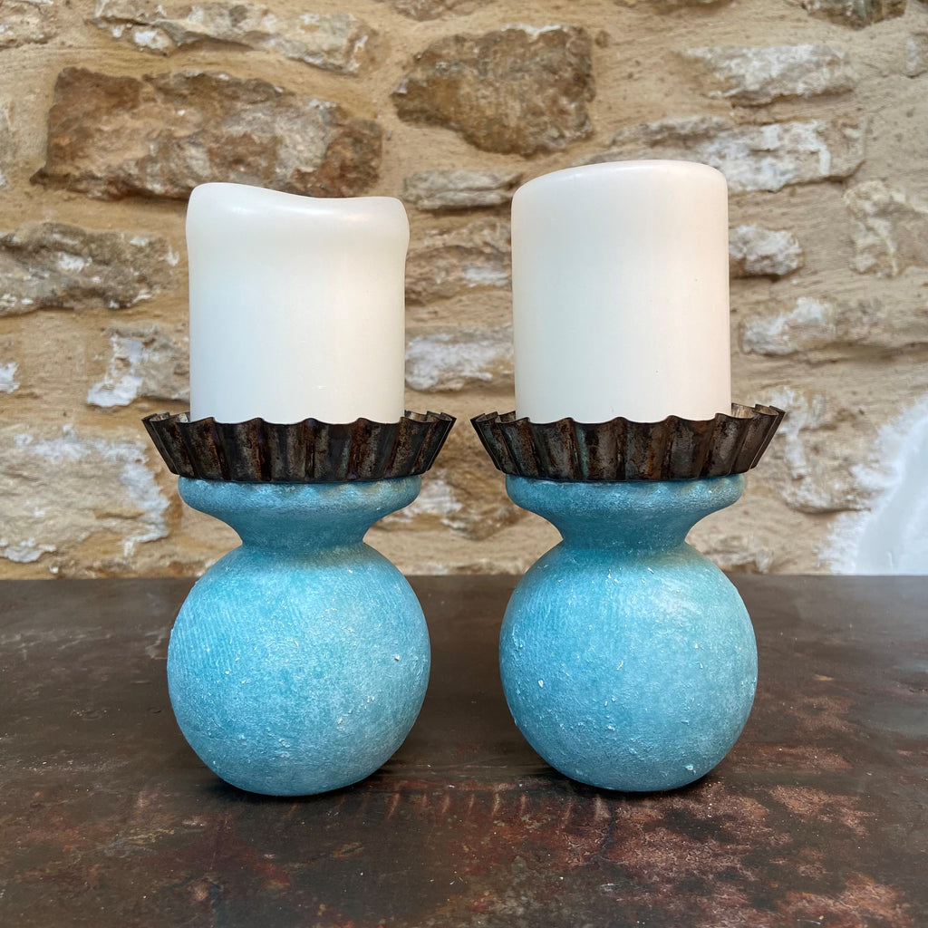 Weathered Turquoise Newel Post Candleholders (Pair)