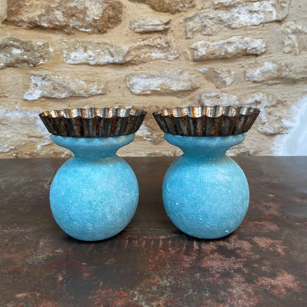 Weathered Turquoise Newel Post Candleholders (Pair)