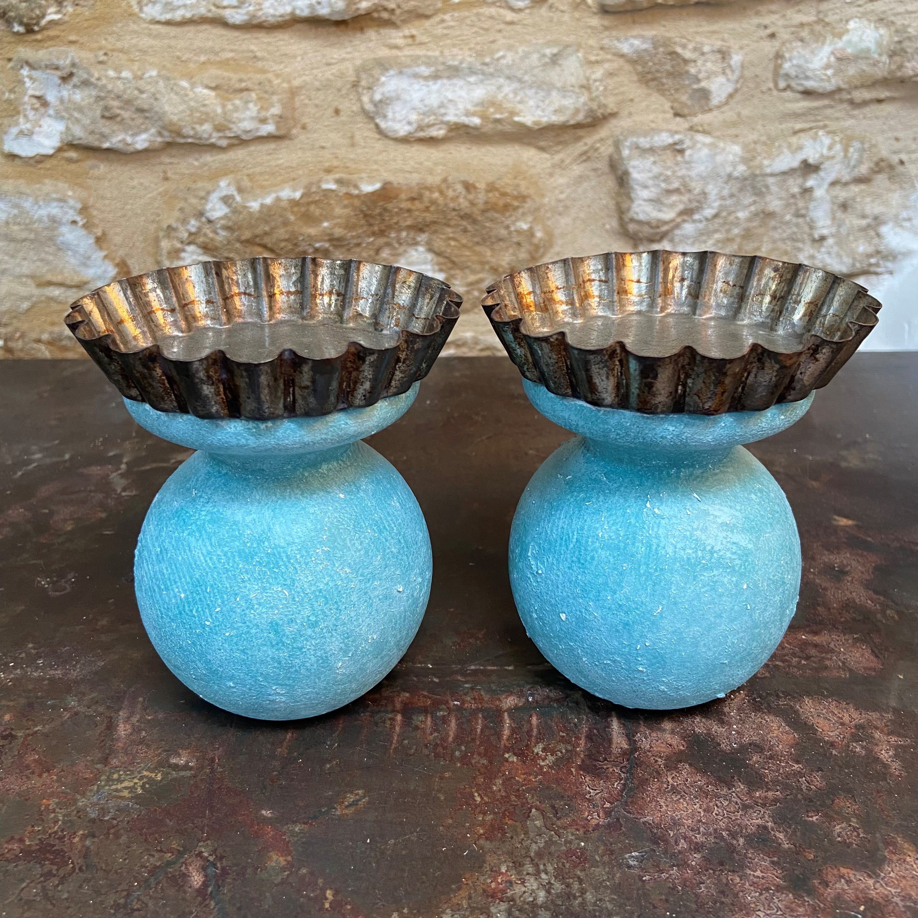 Weathered Turquoise Newel Post Candleholders (Pair)
