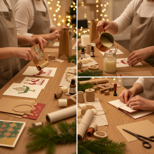 Hands block printing cards, pouring candles, and stitching notebooks in a warm festive workshop