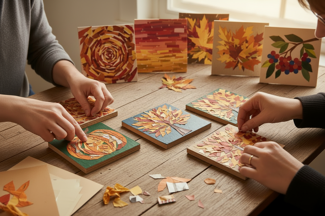 Abstract autumn collage on square scrap wood pieces featuring pumpkins, autumn trees and hedgerows made from torn paper and paint