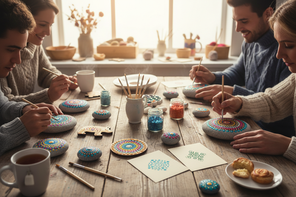 Dot art workshop on stones, wooden decorations and cards - group scene
