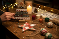 Handmade wooden Christmas decorations including stacked slat trees, patchwork reclaimed wood stars and painted baubles on a craft workbench with warm candlelit glow