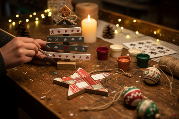 Handmade wooden Christmas decorations including stacked slat trees, patchwork reclaimed wood stars and painted baubles on a craft workbench with warm candlelit glow