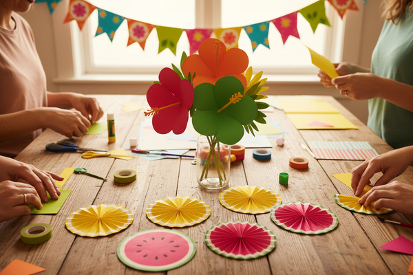 Summer paper crafts workshop - bunting, tropical flowers and fruit fan drink toppers