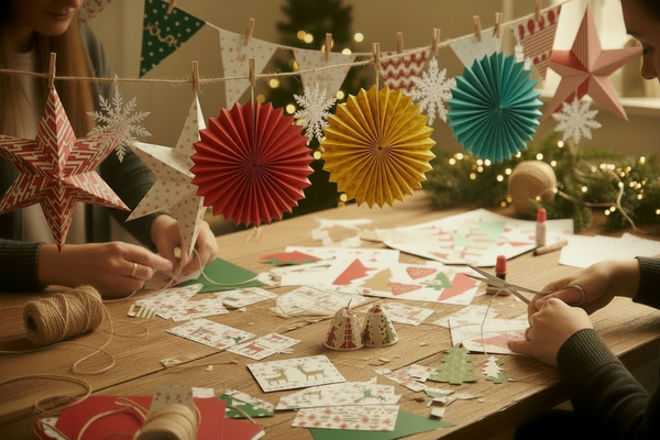 Festive paper crafts including modular six pointed stars, concertina snowflakes in red teal and gold, Christmas bunting and handmade cards
