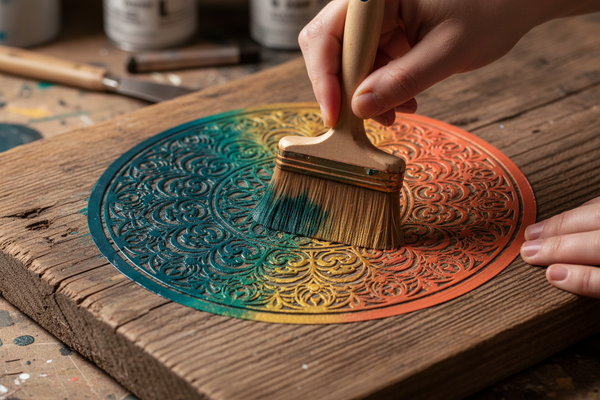 Hands using a stencilling brush to apply an ombre paint effect through an intricate stencil onto rustic wood