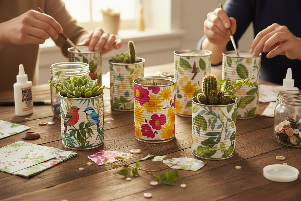 Upcycled tin cans decorated with botanical, bird and floral napkin decoupage as plant pots and storage jars