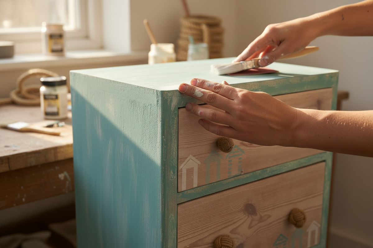 A beautifully upcycled chest of drawers with chalky sea-worn layered paint in duck egg blue, coastal distressed finish, hands working on the piece