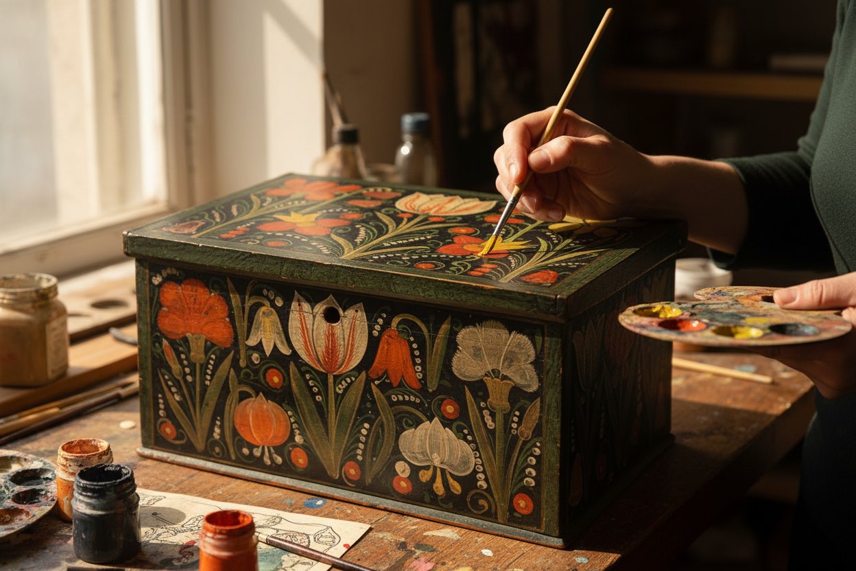 Hand painting folk art floral designs onto a dark wooden box