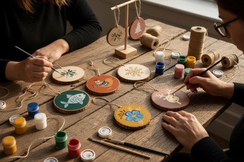 Hand painted wood slice hanging decorations with coloured backgrounds featuring folk art fish, birds, holly, reindeer, snowflakes and botanicals