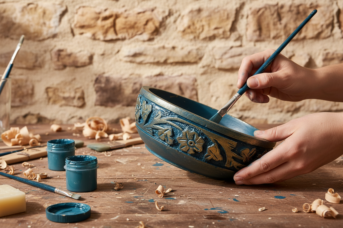Painting carved wooden bowl